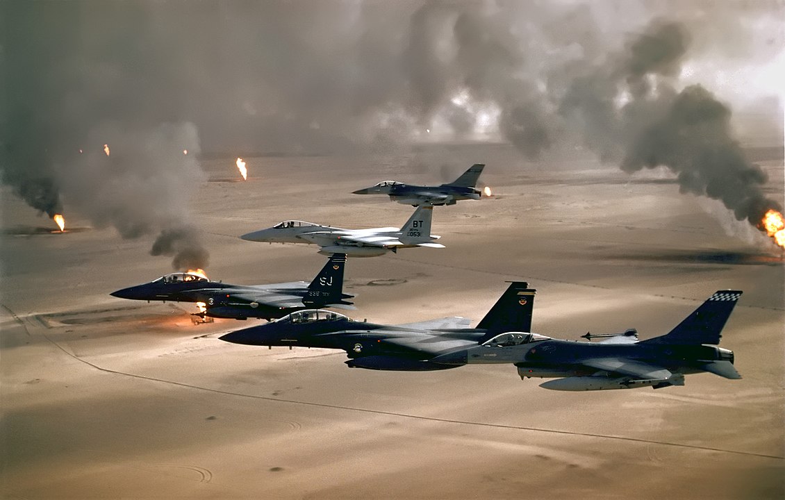 Kuwaiti Oil Fires Burn as American Jets Pass Overhead